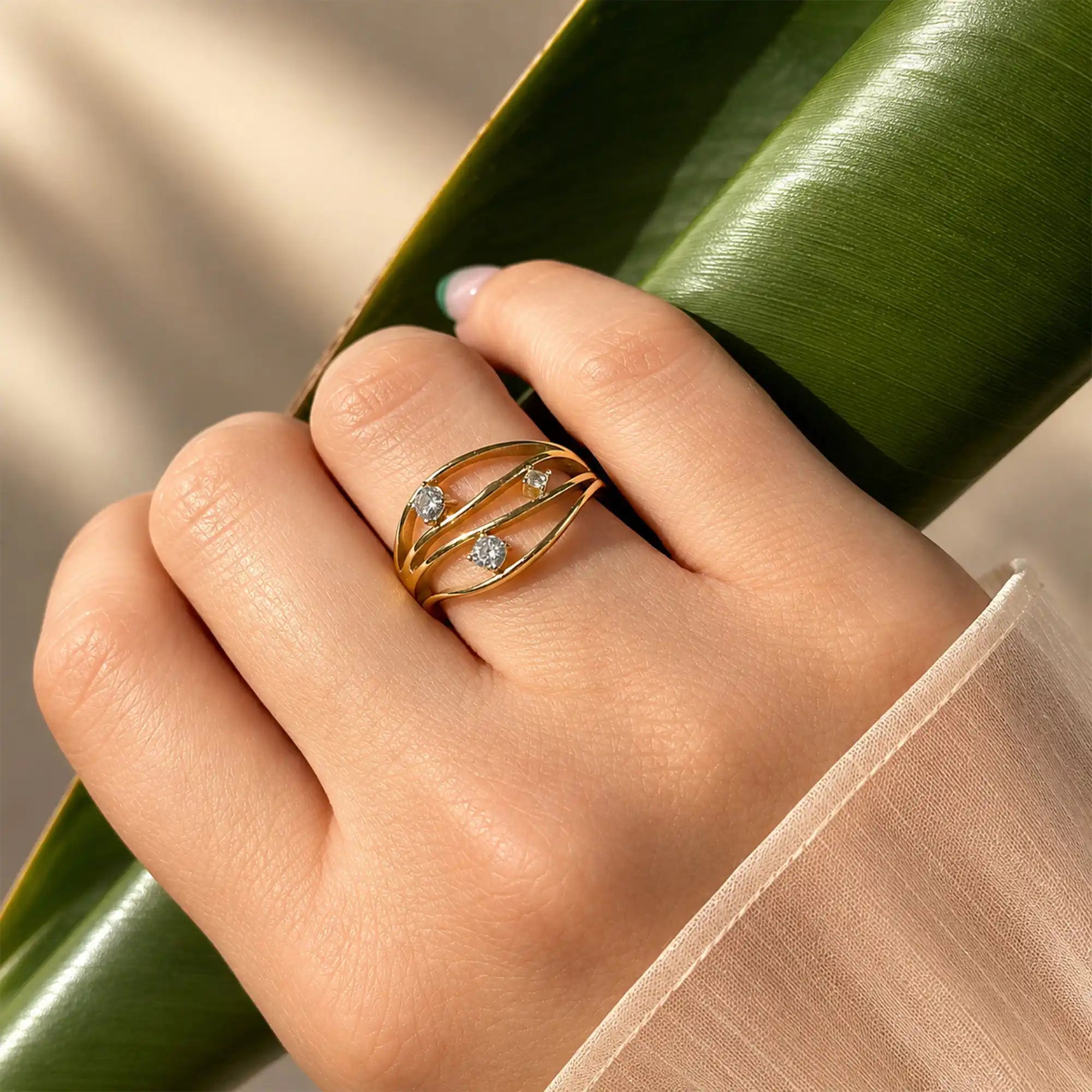 Noel Multi Band Stone Ring gold on hand close-up — Tamola Jewellery