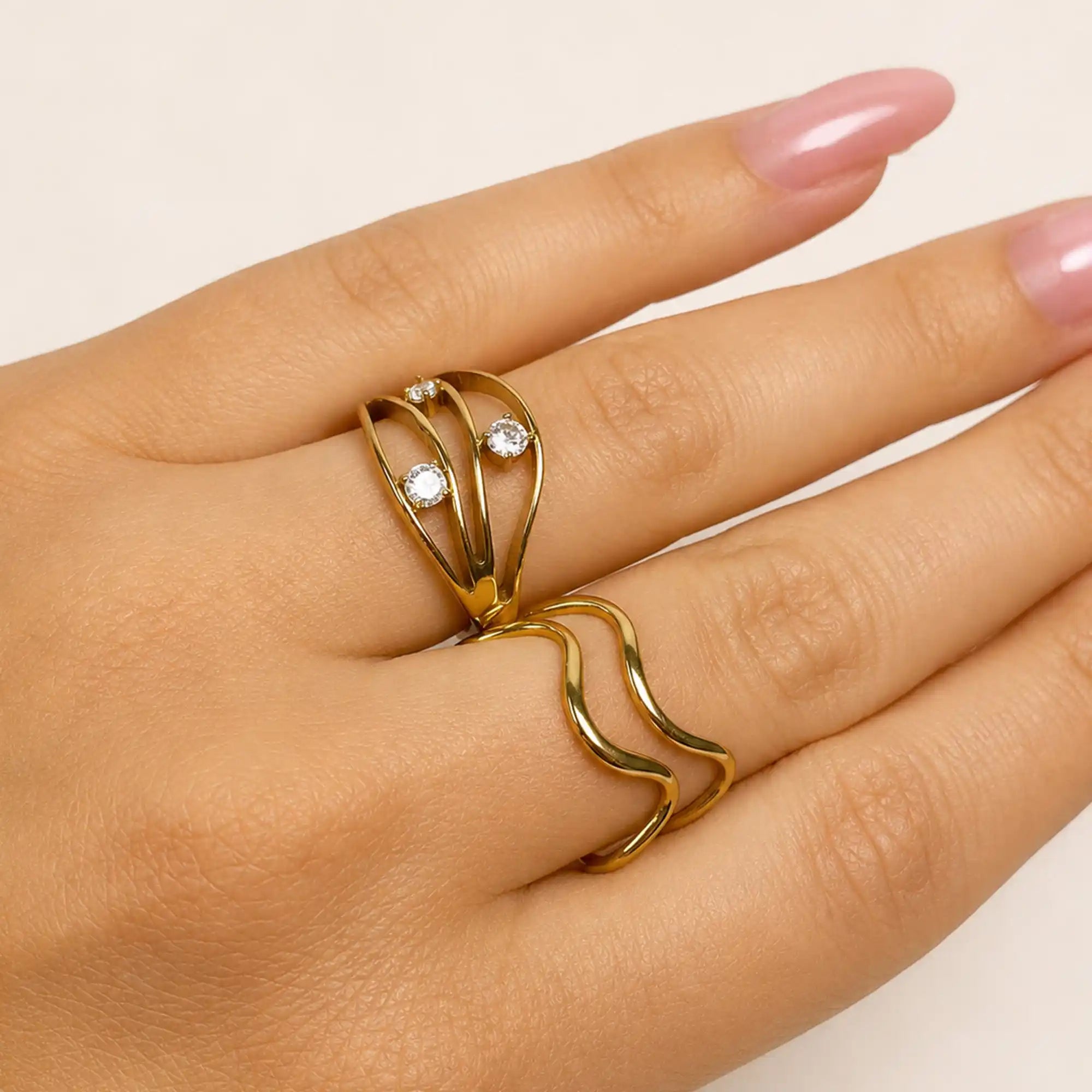 Noel Multi Band Stone Ring gold side view — Tamola Jewellery