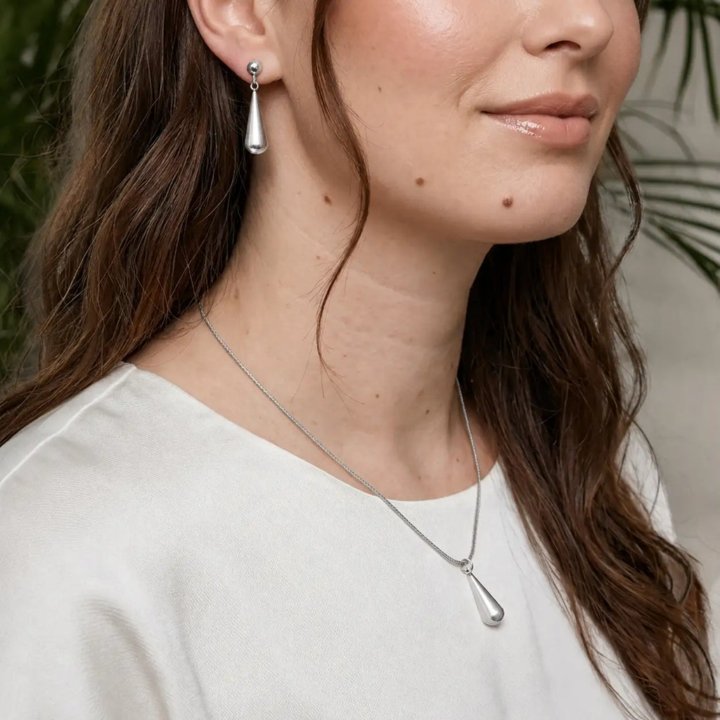 Celeste Teardrop Set silver stainless steel earrings detail — Tamola Jewellery