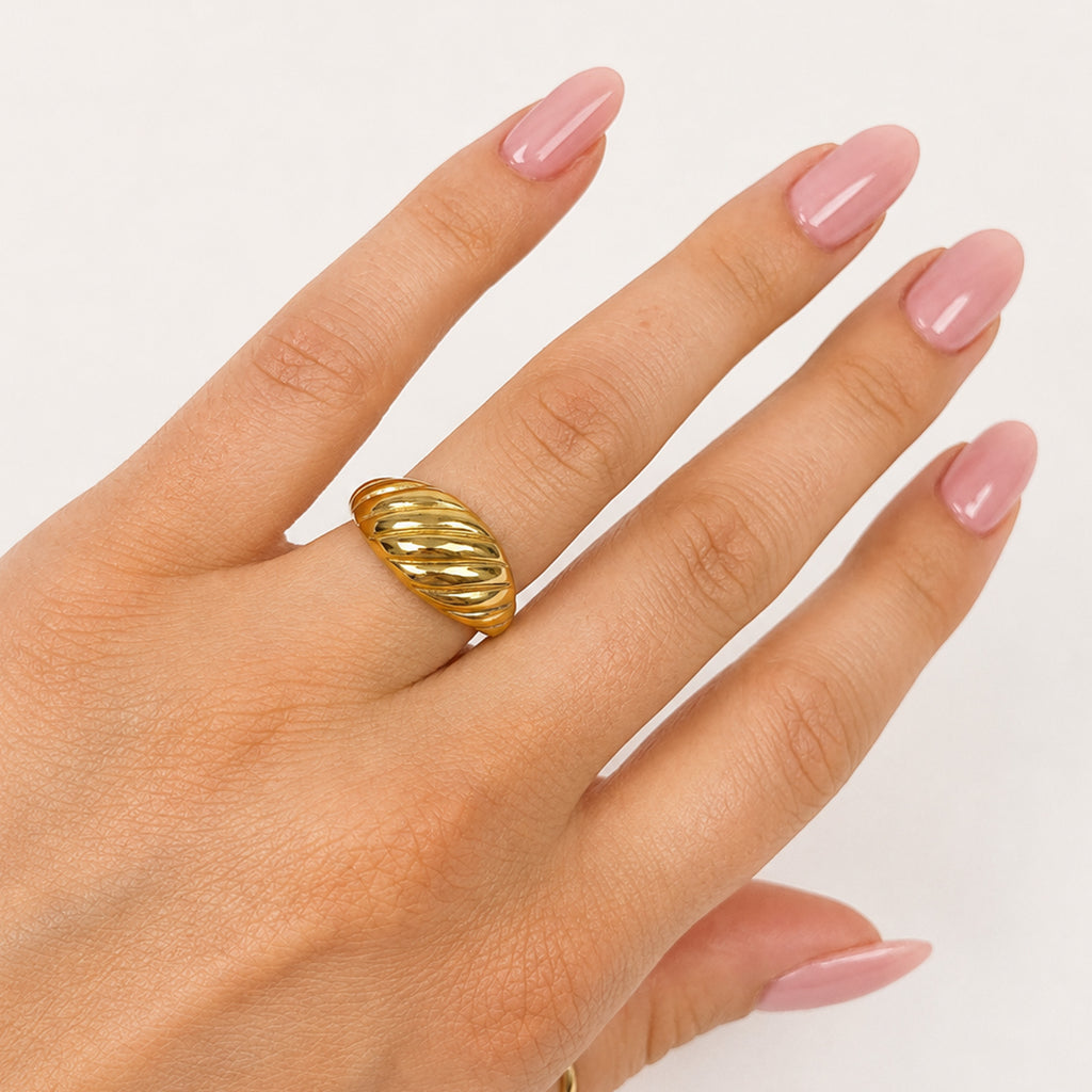 Camille Sculptural Dome Ring gold stainless steel side view — Tamola Jewellery
