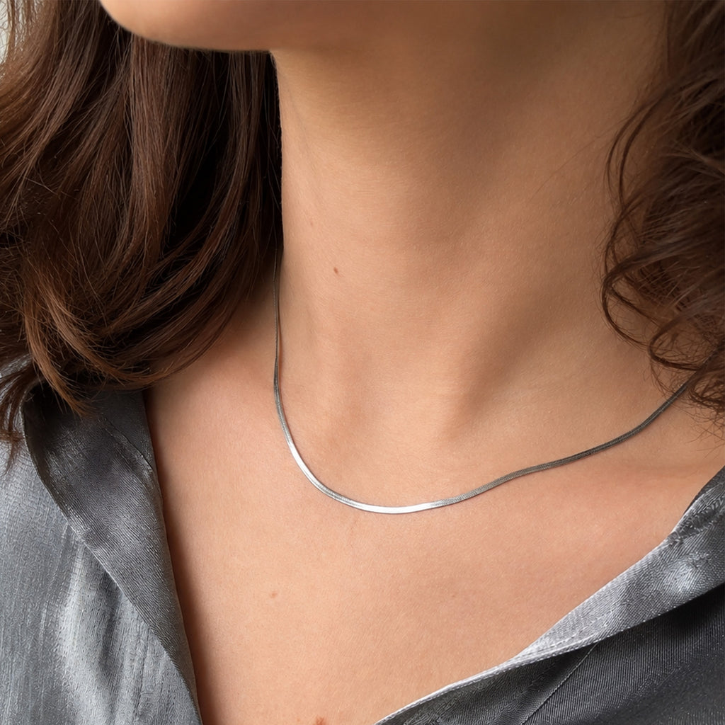 Saga Flat Snake Chain Necklace silver stainless steel close-up chain detail — Tamola Jewellery