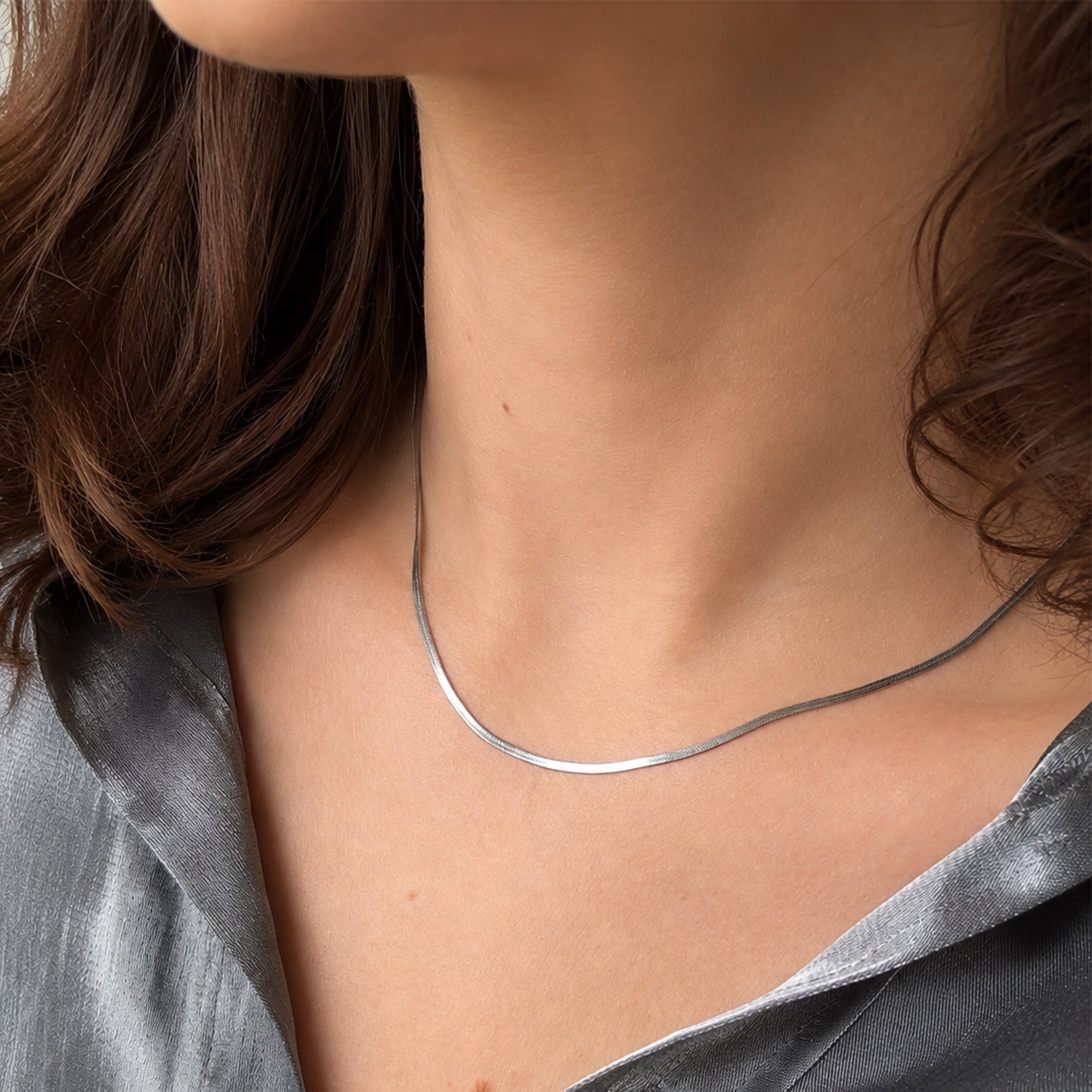 Saga Flat Snake Chain Necklace silver stainless steel close-up chain detail — Tamola Jewellery