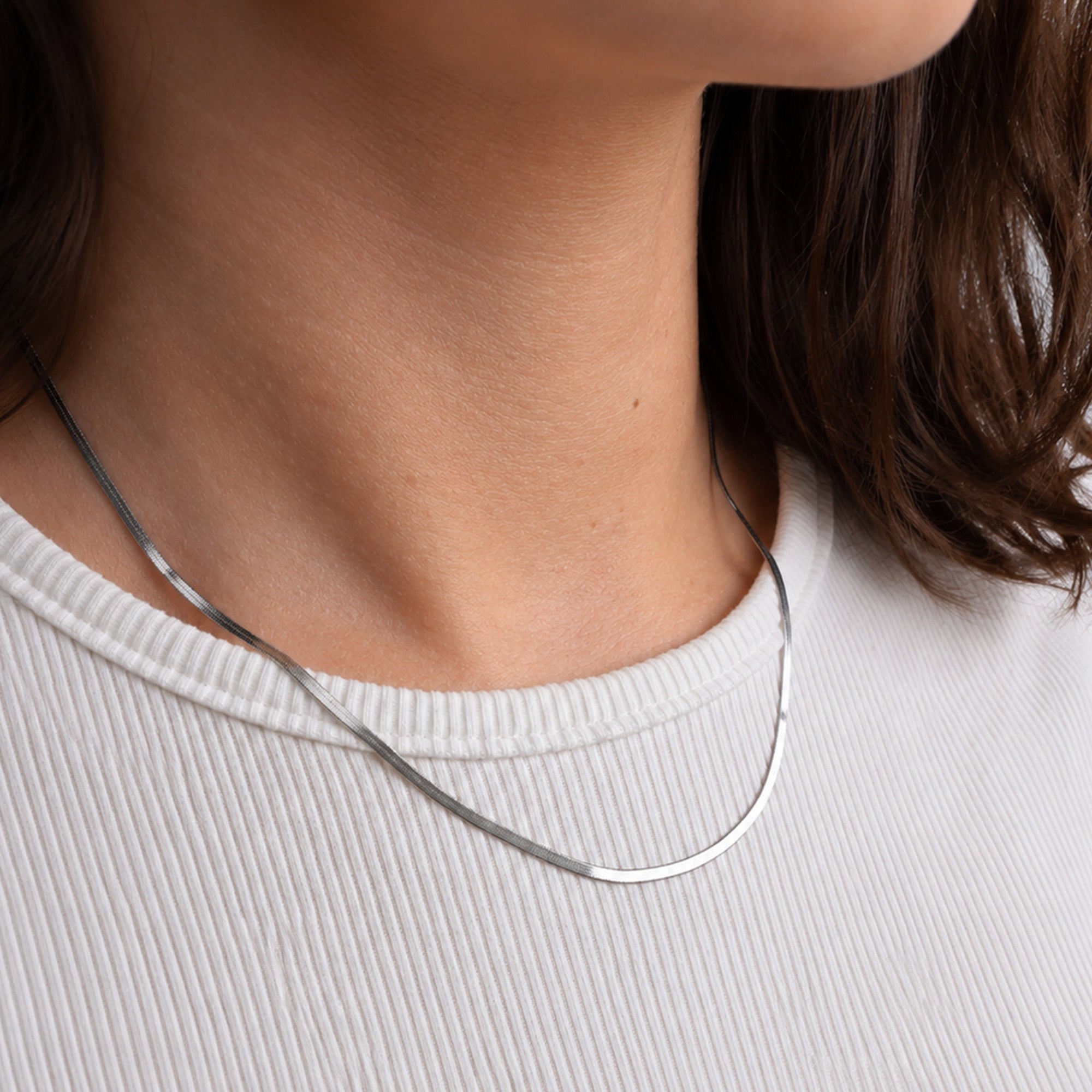 Saga Flat Snake Chain Necklace silver stainless steel front view — Tamola Jewellery